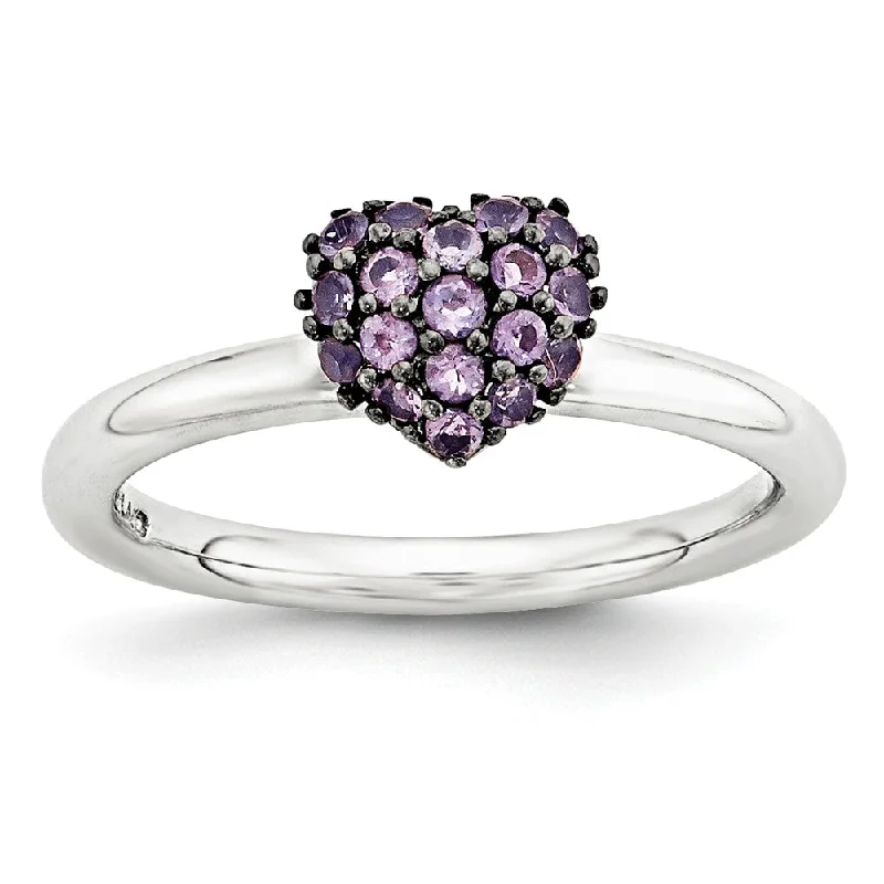 Elegant Wedding Bands-Sterling Silver Amethyst Cluster Stackable Expressions 8mm Heart Ring